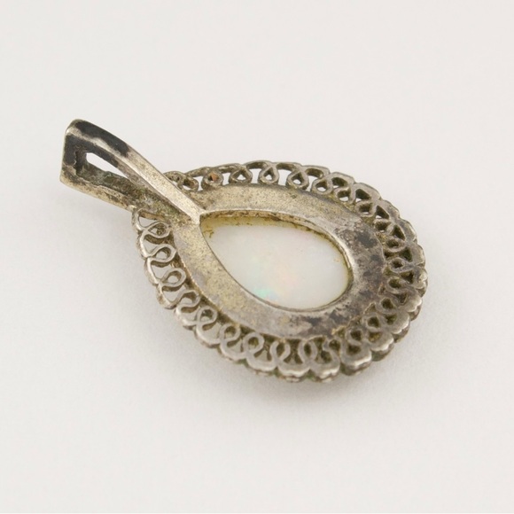 Vintage Opal Sterling Silver Necklace Pendant Teardrop Pear Filigree - Picture 4 of 5
